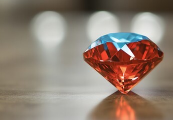 A brilliant, multifaceted gemstone, predominantly red with a striking blue top, rests on a polished surface, reflecting light.  Soft bokeh in the background