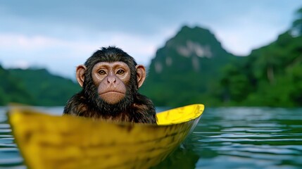 Young Chimpanzee in Yellow Canoe on Calm Lake