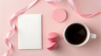 Pink aesthetic flatlay with coffee macarons blank card and ribbon