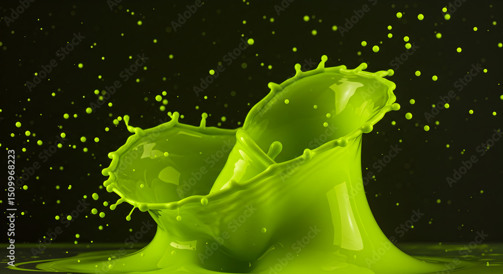 Poster vibrant green: liquid collision with a dark backdrop creates a dynamic artistic splash