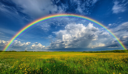 A double rainbow arching across the sky, with one end touching the ground in an open field of vibrant green grass and yellow wildflowers under a blue sky filled with fluffy white clouds
