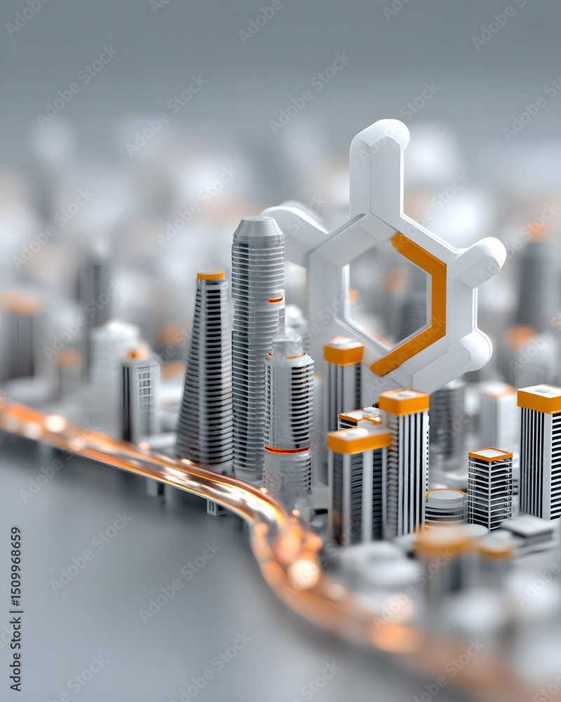 Poster metropolitan skyline with abstract geometric buildings, sharp triangular and hexagonal facades, glow