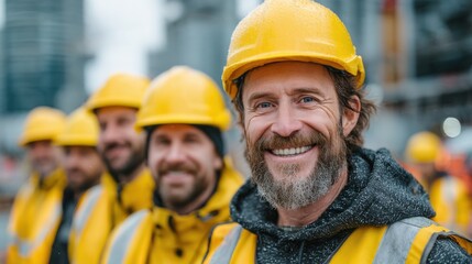 Construction workers smiling on site urban environment portrait photography team spirit professionalism