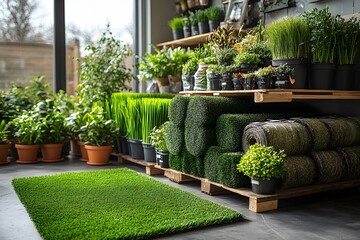Garden Center Display of Lush Greenery and Artificial Grass for Landscaping and Decor