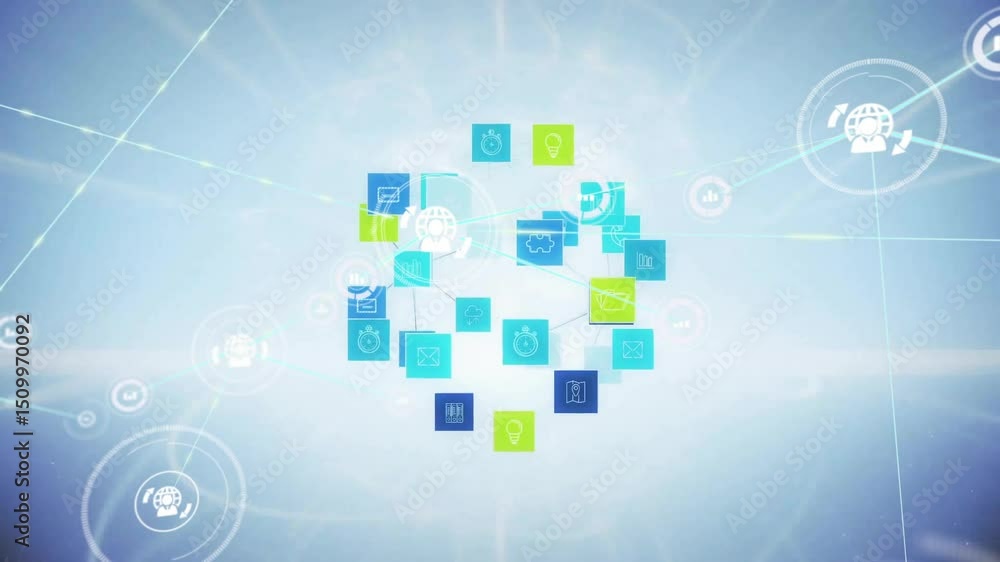 Poster white node glowing activating strands extending to icons expanding rotating sphere showing network