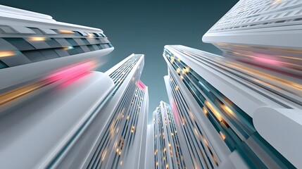 Futuristic cityscape with surreal geometric architecture, towering crystalline skyscrapers reflecting neon lights, floating pathways, and impossible angles, cyberpunk aesthetic, deep blue and purple