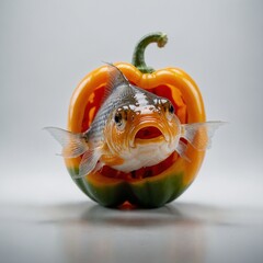 A goldfish swimming inside a hollowed-out bell pepper on a white background.