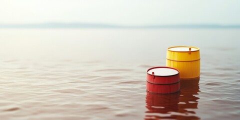 Toxic Pollution and the Environmental Reaction to Contamination, Two colorful barrels float on calm water, reflecting soft light and serene surroundings.