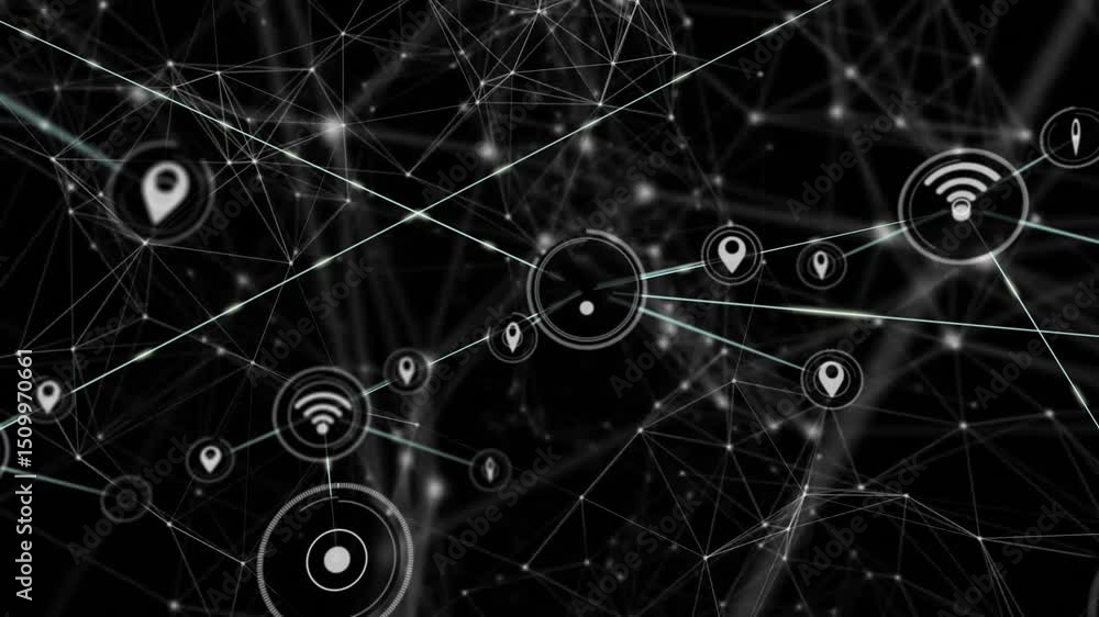 Poster single node appearing at center initiating digital network with icons linking, forming network map