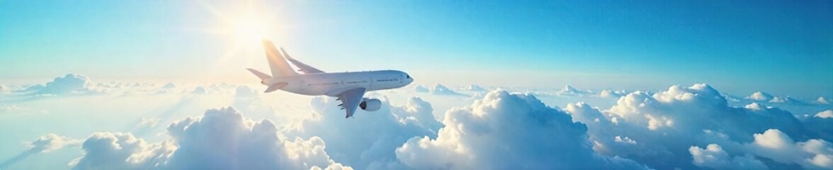 Fototapeta premium High-flying airplane soaring through a vast expanse of clear blue sky, sunlight illuminating the clouds below Perfect for travel, aviation, and freedom themes , aviation, scenic