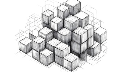 Digital illustration of a layered, isometric arrangement of interconnected cubes and lines.