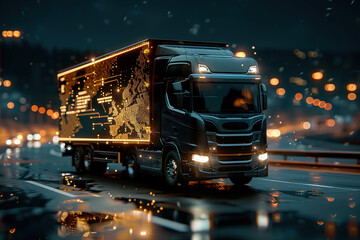 High-tech truck with glowing holographic data streams in blue dark background background dark blue in streams data holographic. update