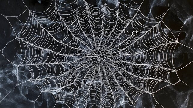 Digital illustration of a complex, radiating spiderweb with dew drops, evoking a spooky, ethereal atmosphere.