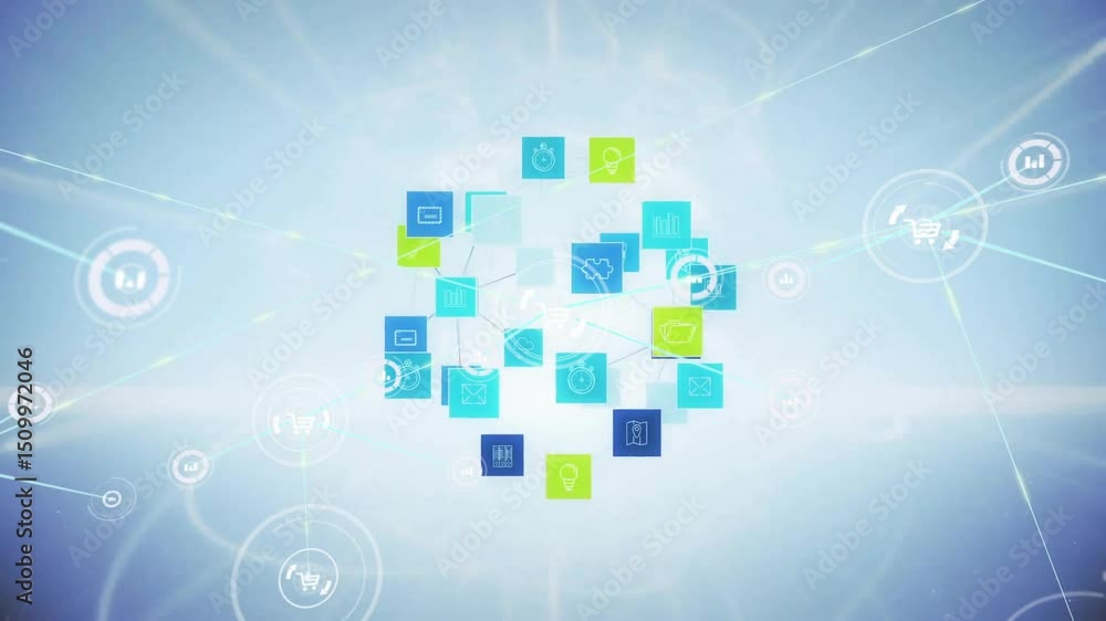 Poster small colored icons cluster appearing at center and pulsing while growing into 3d network sphere