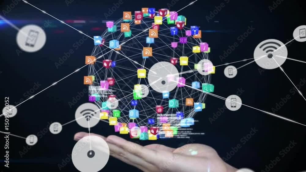 Poster hand rising causing floating icon cubes and nodes clustering into rotating digital network sphere