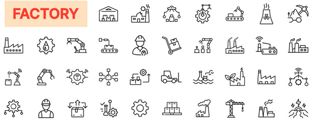 Factory and Manufacturing Line Icon Design Featuring Warehouses, Gears, Production Lines, Assembly Robots, Industrial Plants, Pipes, Cranes, Control Charts, Workers, Packaging Icons, and Supply Chains