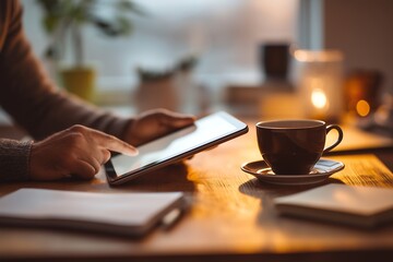 Person using a tablet at a wooden table with coffee