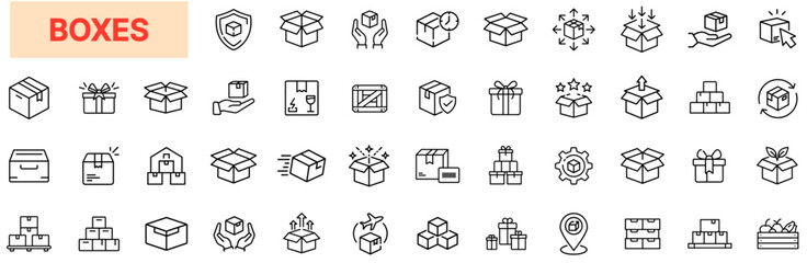 Boxes and Packaging Line Icon Design Featuring Delivery Boxes, Shipping Labels, Parcel Icons, Storage Crates, Open and Sealed Boxes, Gift Wraps, Packing Symbols, Tracking Icons, and Container Handling