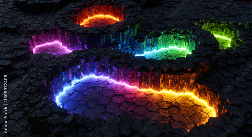 Poster abstract glowing hexagonal landscape with colorful energy emanating from cracks