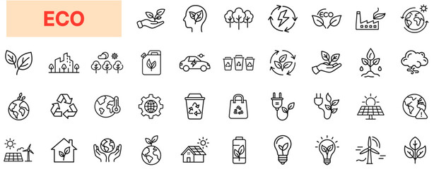 Eco and Environmental Line Icon Design Featuring Trees, Recycling Symbols, Leaf Energy, Electric Cars, Green Cities, Renewable Plugs, Eco Bottles, Solar Panels, Lightbulbs, and Sustainable Lifestyle E