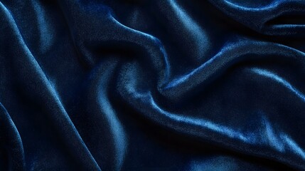 Photograph of dark blue velvet fabric creates flowing, textured folds in a minimalist composition.