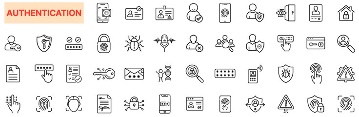 Authentication and Security Line Icon Design Featuring Password Fields, Identity Badges, Biometrics, Shield Protection, Bug Alerts, OTP Verifications, Fingerprint Scans, and Cybersecurity Alerts