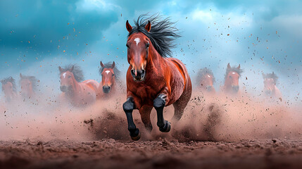 Herd of Brown Horses Running Through Dust Cloud Under a Vibrant Sky