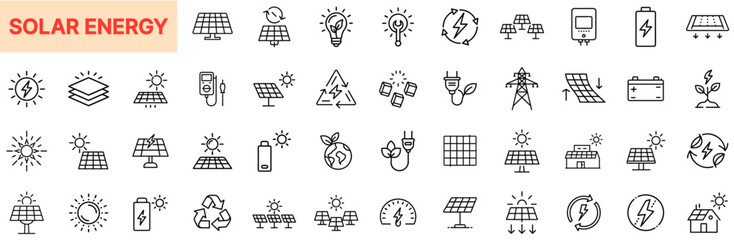 Solar Energy Line Icon Design Featuring Solar Panels, Sunlight Symbols, Plug Connections, Renewable Chargers, Eco Batteries, Energy Meters, Power Grids, Green Leaves, Lightbulbs, and Recycling Element