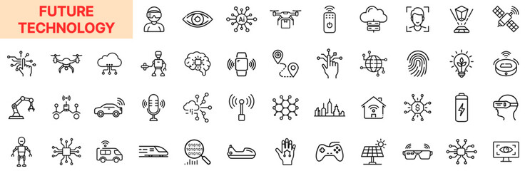 Obraz premium Future Technology Line Icon Design Featuring Artificial Intelligence, Robotics, Drones, Smart Sensors, VR Headsets, Biometric Scans, Electric Vehicles, Cloud Systems, Satellite Data, and Network Conne