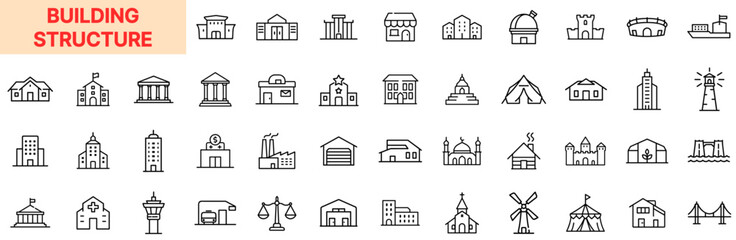 Building Structure Line Icon Design Featuring Government Halls, Classic Temples, Residential Houses, Hotels, Industrial Plants, Churches, Lighthouses, Dome Arenas, Cabins, and Public Infrastructure