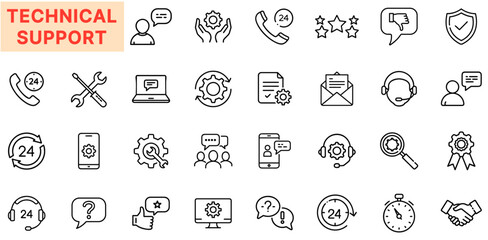 Technical Support Line Icon Design Featuring 24/7 Assistance Symbols, Headsets, Gear Icons, Chat Bubbles, Question Marks, Helpdesk Tools, Communication Lines, Technical Representatives, and Customer H