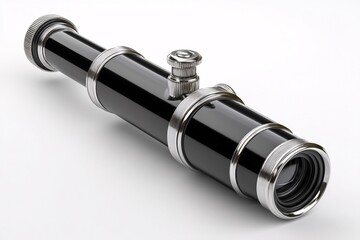 Icon of a black cartoon telescope in 3D, isolated on a white surface