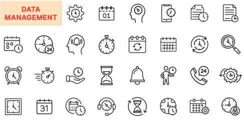 Data Management Line Icon Design Featuring Timers, Calendars, Magnifying Glasses, Gears, Alarm Bells, Time Tracking Tools, Clipboard Icons, Scheduling Logs, Stopwatches, Reminders, and Organizational 