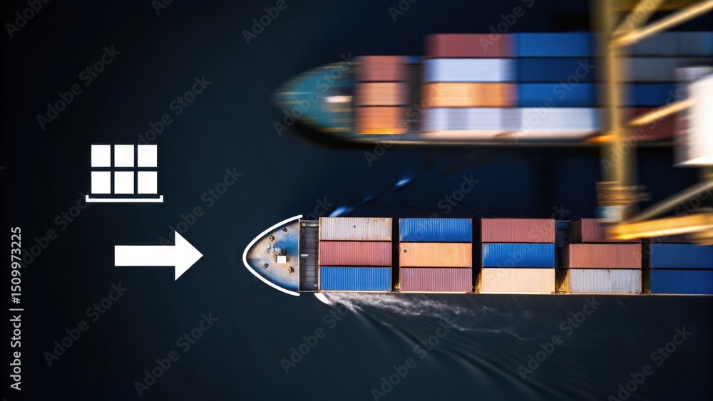 Poster aerial view of a cargo ship transporting colorful containers at sea with a directional arrow and ico