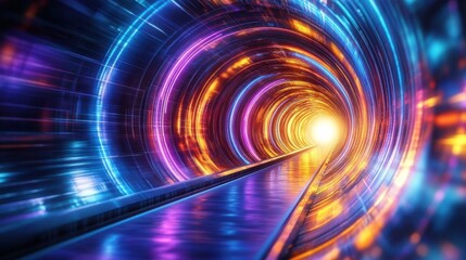 Exploring a futuristic light tunnel digital realm 3d visualization vibrant colors abstract perspective