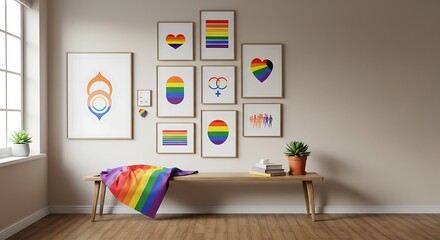Rainbow Pride Wall Art Gallery Wall Decor with LGBTQ+ Pride Flag Prints and Rainbow Heart Designs