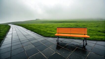 Solitary orange bench on wet pavement leading to foggy green hill