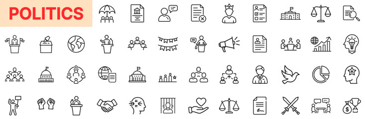 Politics and Public Policy Line Icon Design Featuring Voting Symbols, Debates, Law Documents, Campaigns, Leadership, Political Parties, Global Relations, Civil Rights, Economic Charts, and Governance 