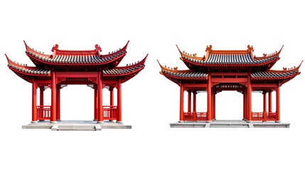 Fototapeta premium Ancient Chinese temple architecture stands out with its traditional roof on a white background. 