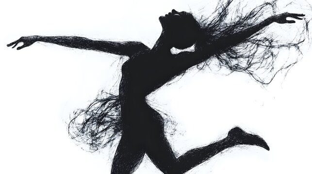Digital illustration of a dancing silhouette with flowing hair and dynamic pose.