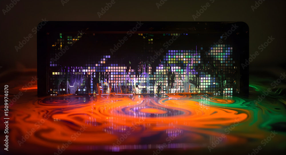 Poster intriguing fluidity colorful patterns beneath modern computer display aesthetic composition