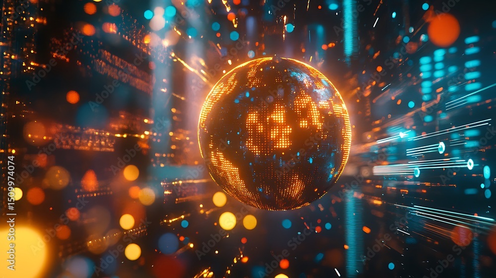 Poster digital world globe technology abstract background with glowing lights and data streams visualizatio