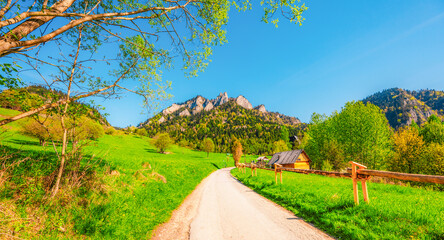 Peak Tri Koruny or Trzy Korony during day with green meadow and trees in spring. Pieniny National park in Slovakia and Poland . © Zedspider