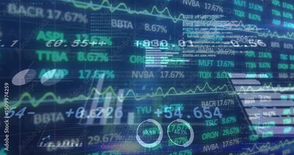 Poster on startup grid showing scrolling tickers and rising charts while hand guiding market insights
