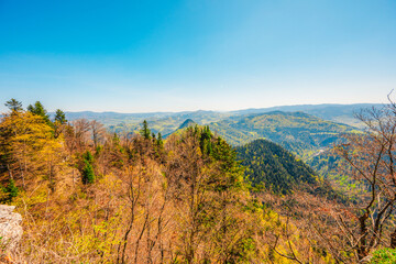 Hiking to peak Tri Koruny or Trzy Korony during day. Pieniny National park in Poland. View from the lookout at the top. © Zedspider