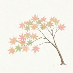 Hand-Drawn Japanese Maple Tree with Watercolor Leaves on Textured Background, Asian Art Style