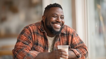 Smiling Black Man in Plaid Shirt Holding Drink by Window