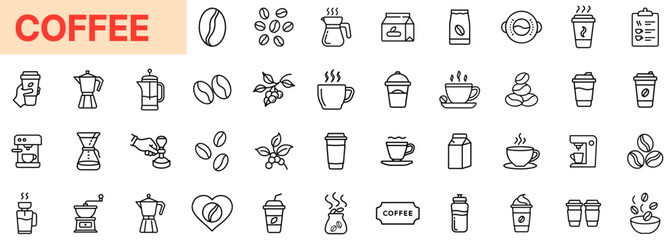 Coffee and Beverage Essentials Line Icon Design Featuring Cups, Beans, Brewing Tools, Kettles, Mugs, Grinders, Espresso Shots, Milk Froth, Takeaway Drinks, Steaming Cups, and Cafe-Themed Coffee Elemen
