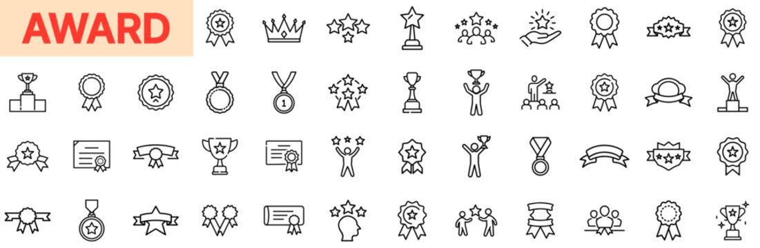 Award and Recognition Line Icon Design Featuring Trophies, Medals, Ribbons, Badges, Star Ratings, Winning Symbols, Achievement Crowns, Laurels, Prize Certificates, and Celebration of Success Icons
