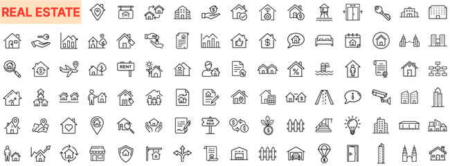 Real Estate and Property Business Line Icon Design Featuring Houses, Apartments, Rent Signs, Sale Listings, Building Plans, Investment Charts, Location Pins, Security Cameras, and Urban Development Ic